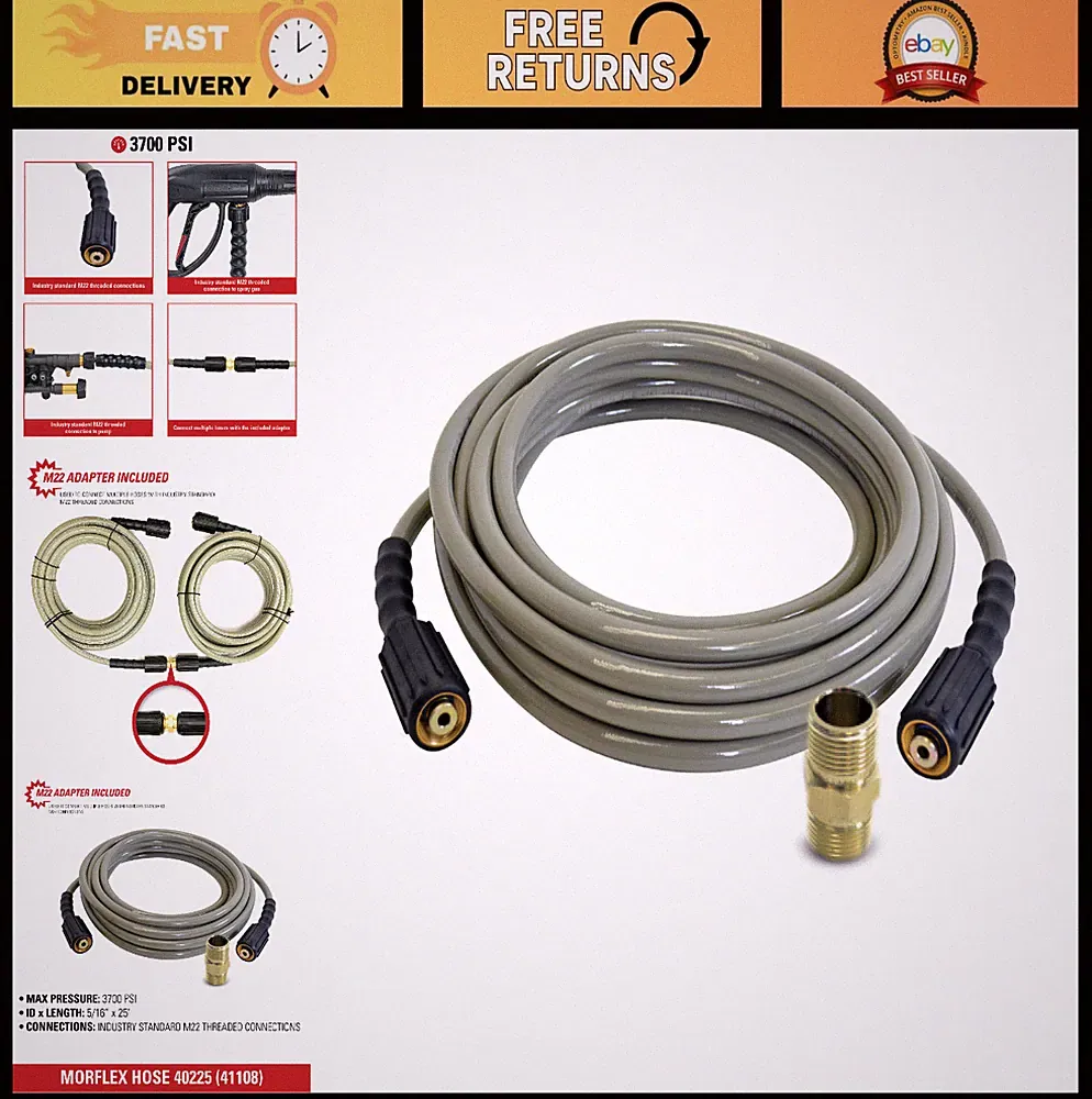 High-Pressure Washer Hose 3700 PSI, 25ft Cold Water, 5/16" Diameter, Durable Mor
