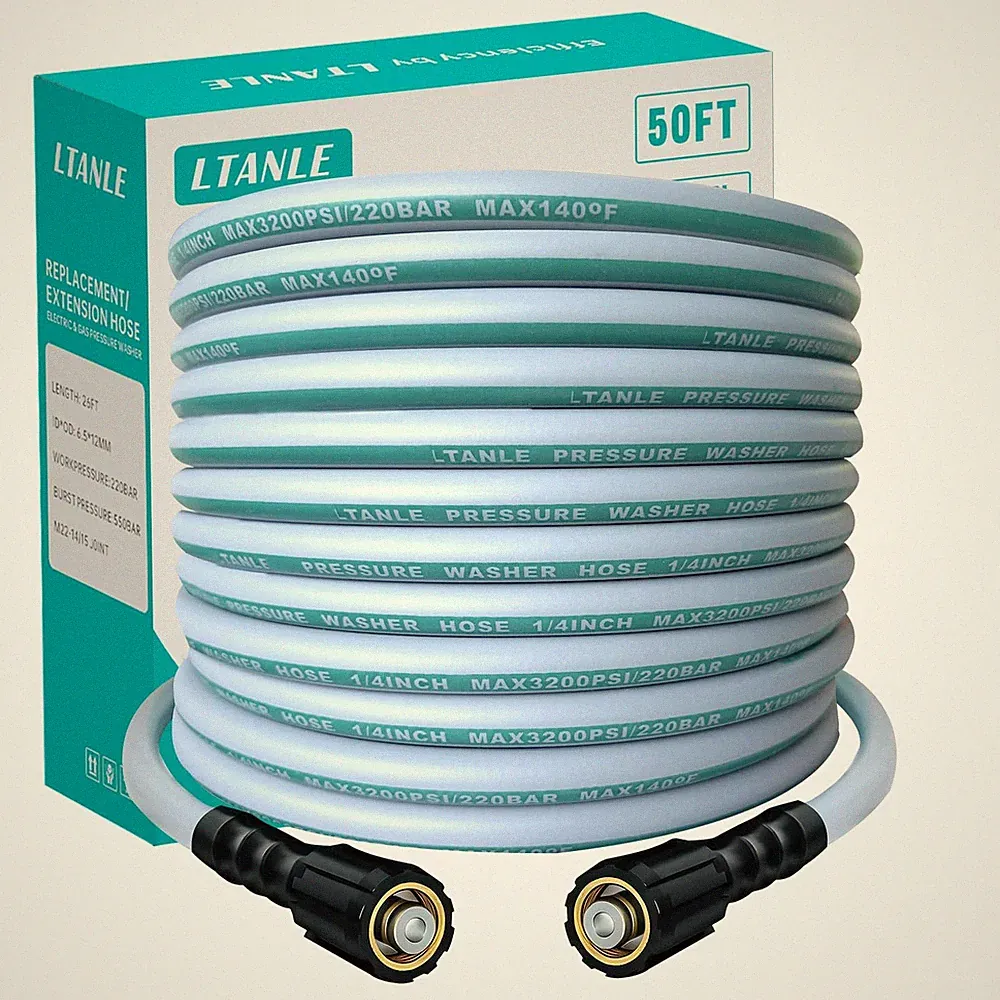 High Pressure Washer Hose 50 Feet 1/4 Inch M22 Dual ORing LeakProof 3200 PSI