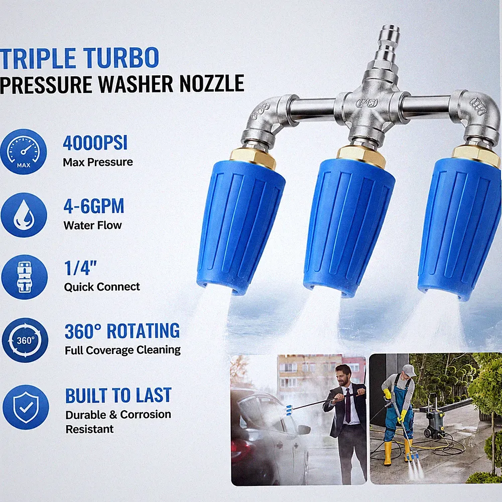 High Pressure Washer Nozzle 360° Rotating Triple Turbo 1/4" 4000 PSI Auto Garden