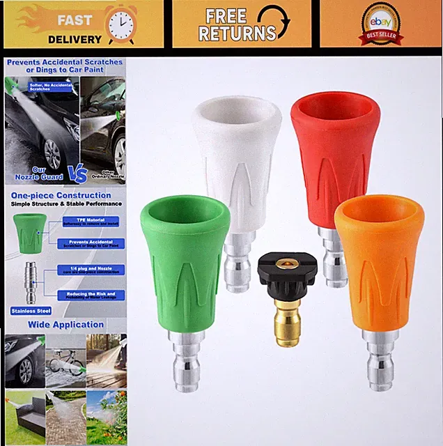 High-Pressure Washer Nozzle Guard Set, 5pcs Stainless Steel Tips & Rubber Cover