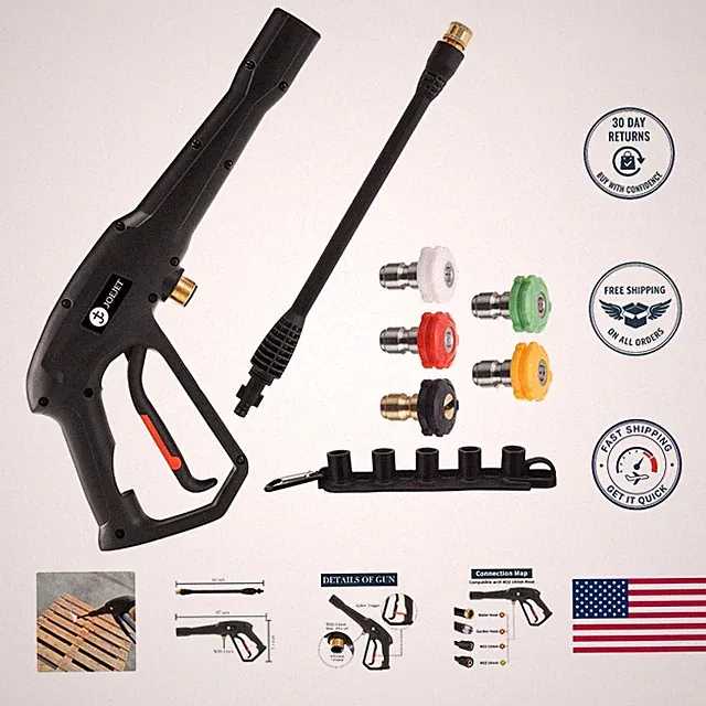 High Pressure Washer Replacement Gun & Jet Wand with 5 Nozzle Tips, Brass Finish