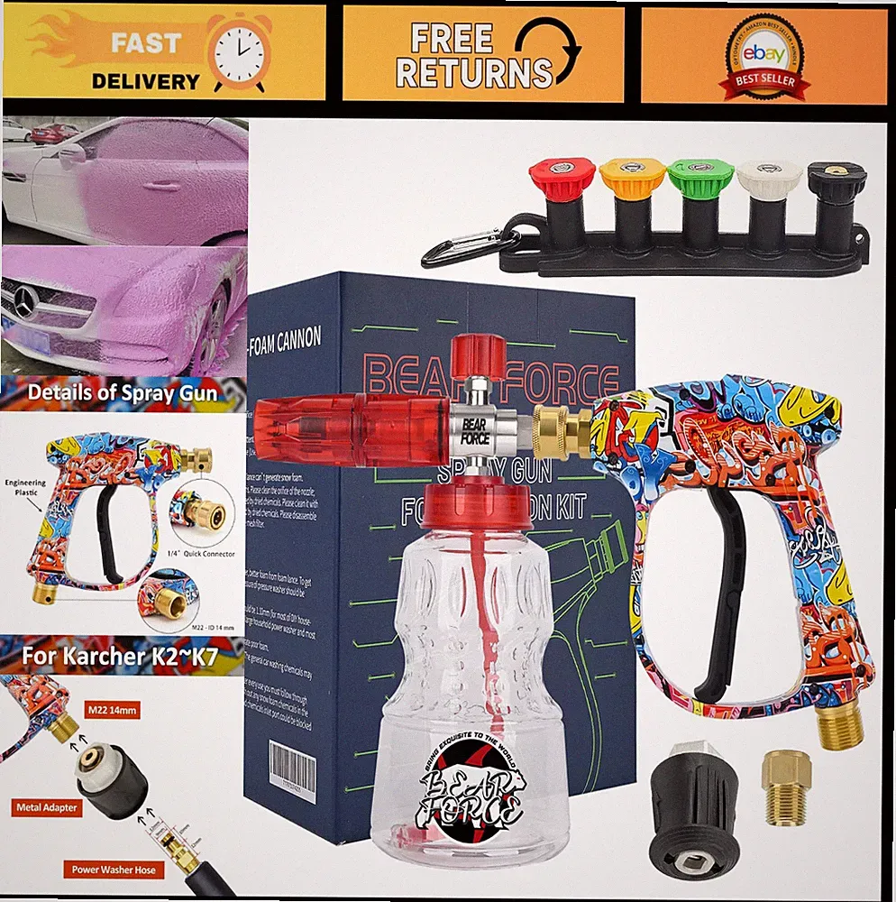 High-Pressure Washer Spray Gun 3000 PSI, Foam Lance & 5 Tips, M22-14 Connector