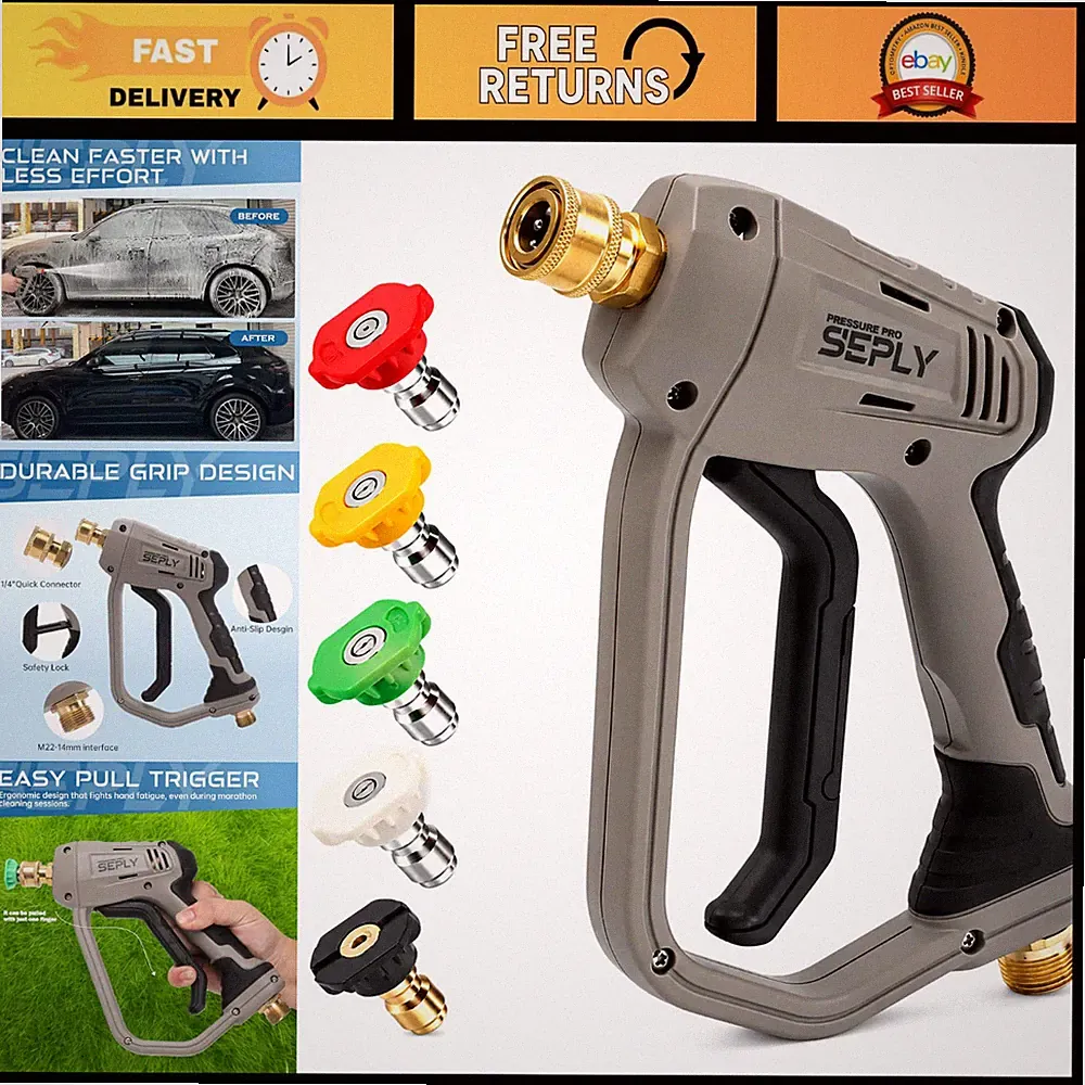 High-Pressure Washer Spray Gun 5000 PSI, 5 Nozzle Tips, M22-14mm Fittings, Ergon