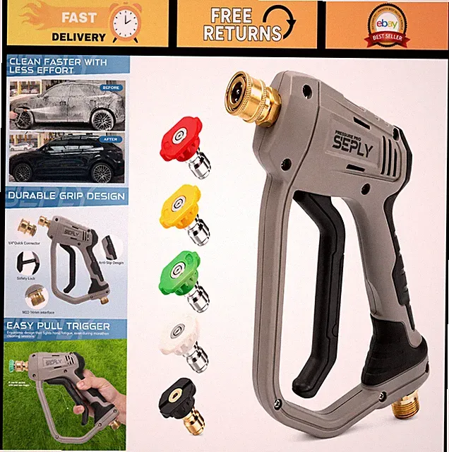 High-Pressure Washer Spray Gun 5000 PSI, 5 Nozzle Tips, M22-14mm Fittings, Ergon
