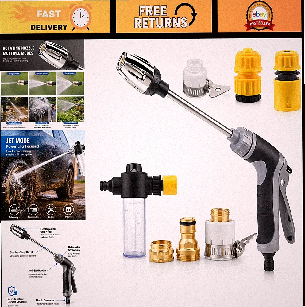 High Pressure Washer Spray Gun for Garden Hose, Hydro Jet Wand with Foam Bottle