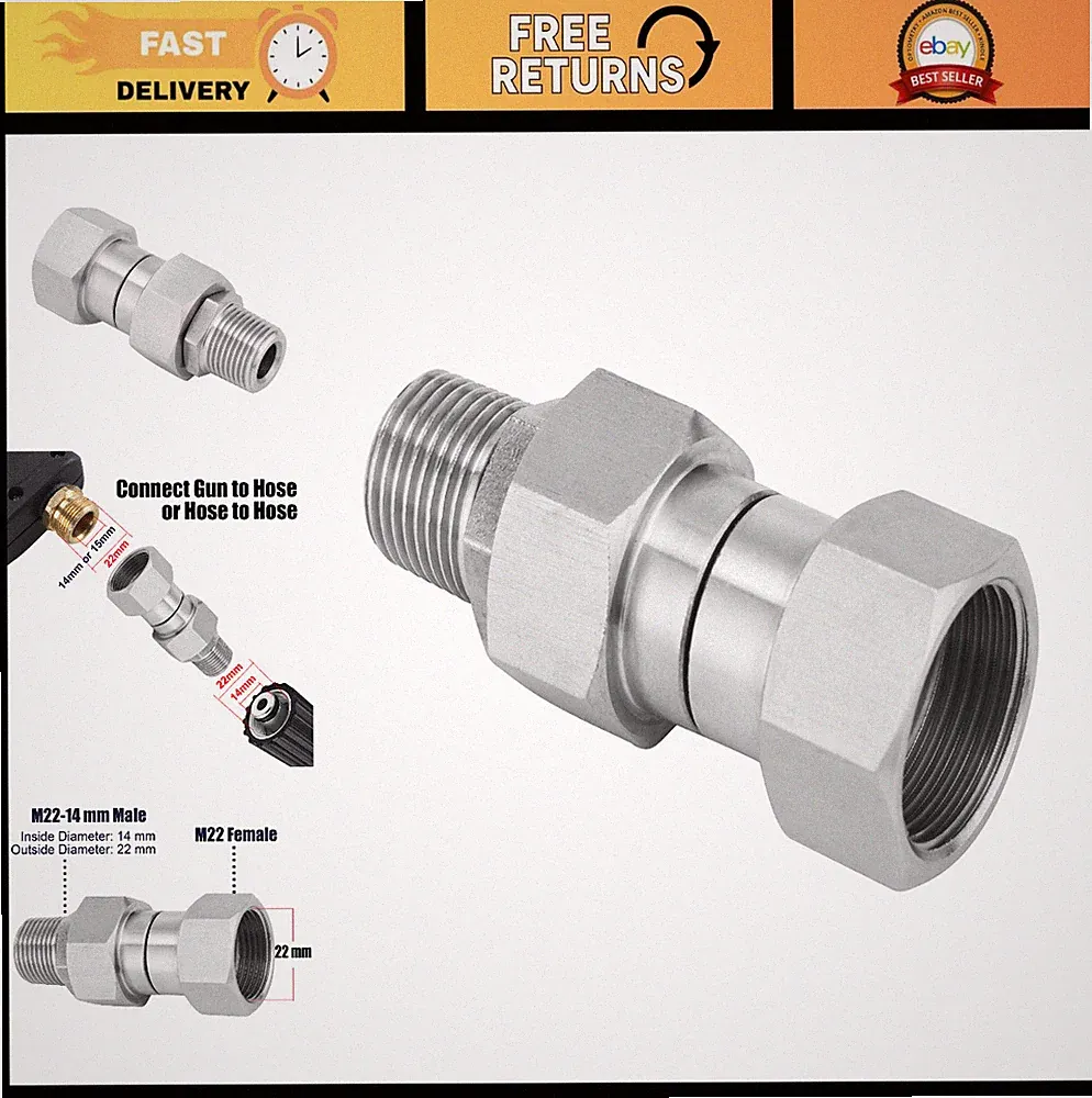 High-Pressure Washer Swivel Fitting, M22 14mm Metric, Stainless Steel, 4500 PSI
