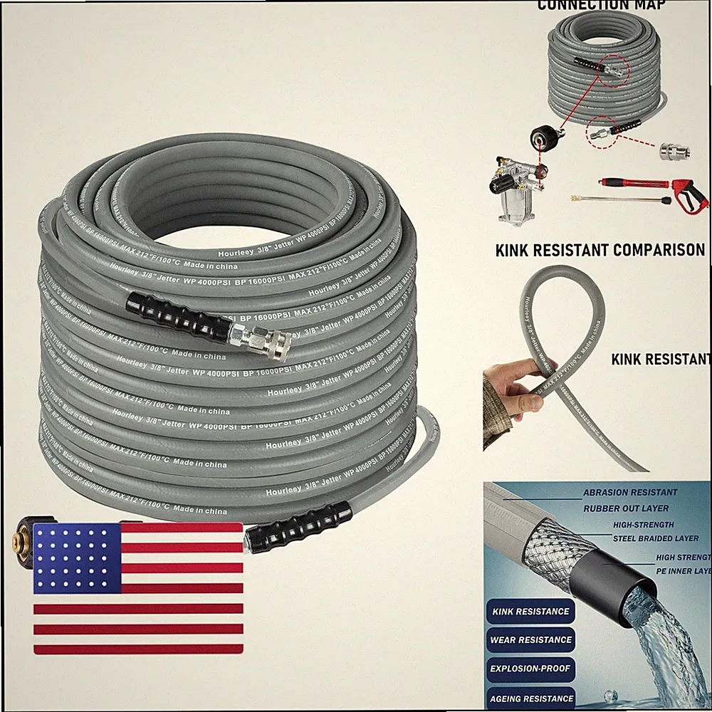 Hourleey Pressure Washer Hose 50FT Gray 4000 PSI 3/8" Quick Connect