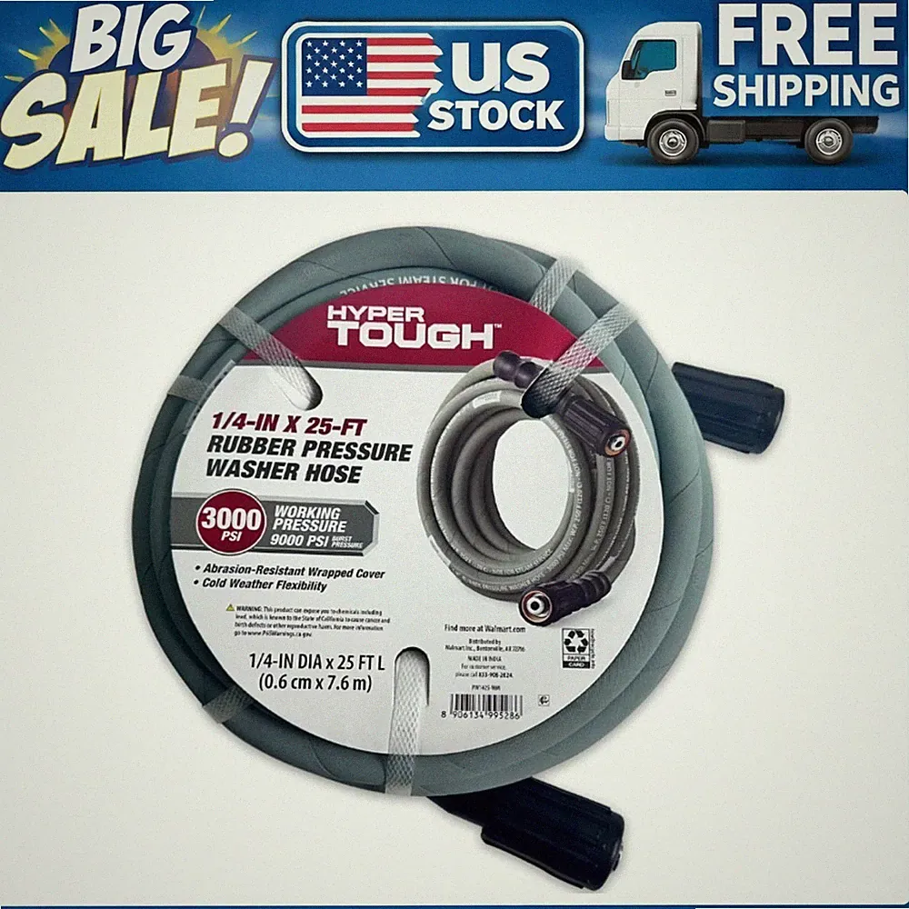 Hyper Tough 25ft Pressure Washer Hose 1/4" 3000 PSI M22 Fittings Rubber