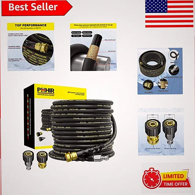 Kink Resistant 50 ft Pressure Washer Hose with 3/8 Inch Connectors - 4200 PSI