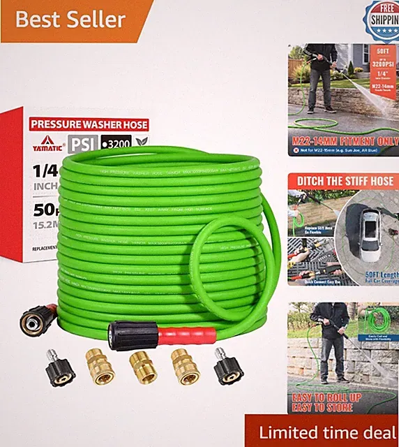 Kink Resistant Pressure Washer Hose 50FT - Leak-Free with Quick Connect Adapters