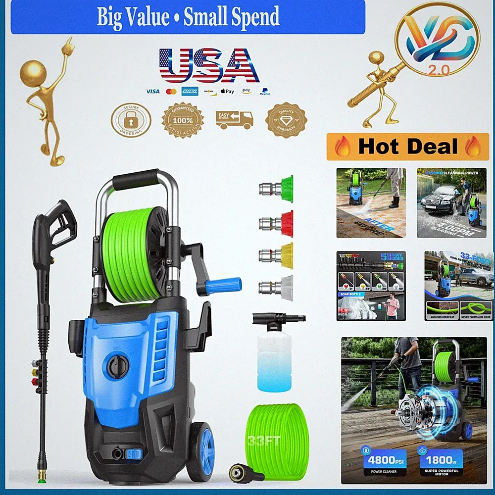 Light Blue 4800PSI Pressure Washer with 33ft Hose Nozzles Foam Cannon