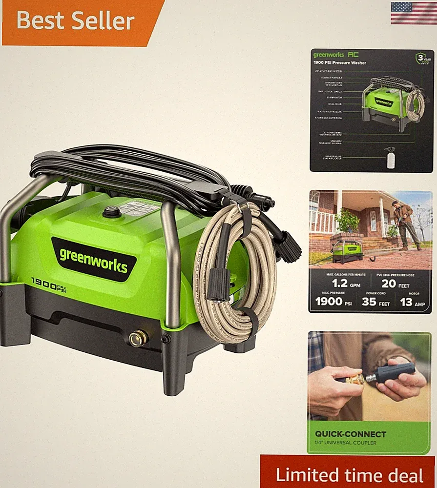 Lightweight 1900 PSI Compact Pressure Washer with Turbo Nozzle & 3