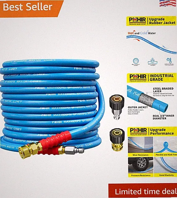 Lightweight 50FT 3/8" Pressure Washer Hose - Wire Braided Design for Durability