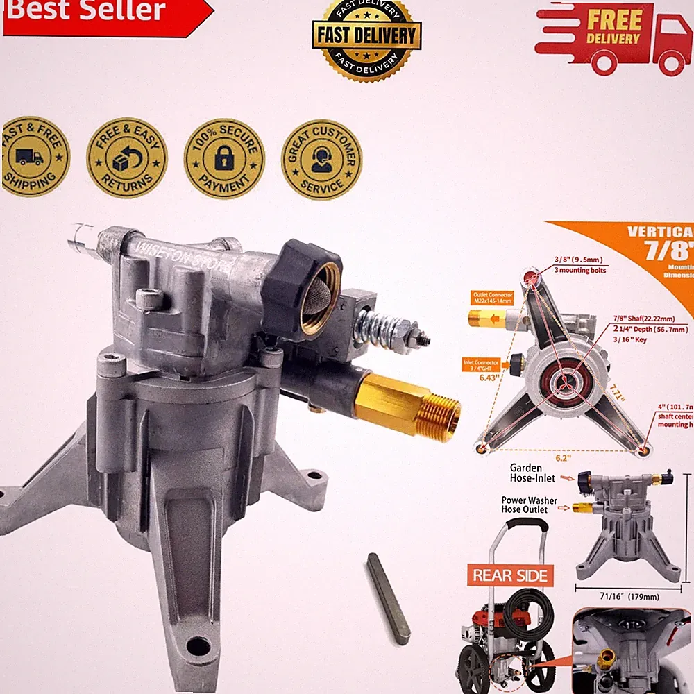 Lightweight 7/8'' Shaft Pressure Washer Pump - Pre-Filled for Lifetime Use