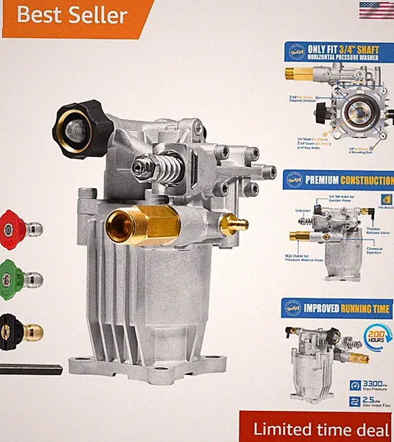 Lightweight & Powerful Pressure Washer Pump, 2.5 GPM, 3300 PSI for Major Brands
