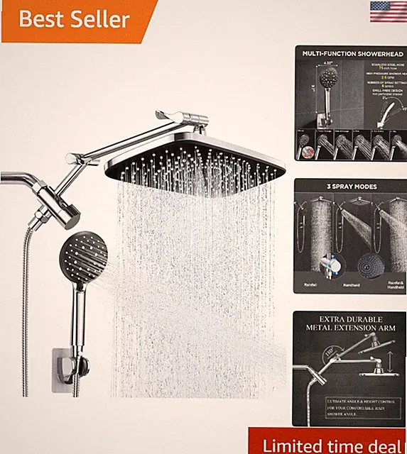 Luxury High Pressure Rain Shower Head & Handheld Combo with 15" Extension Arm