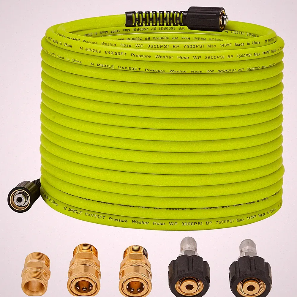 M MINGLE Pressure Washer Hose 50 FT x 1/4", M22 14mm Fittings, 3600 PSI