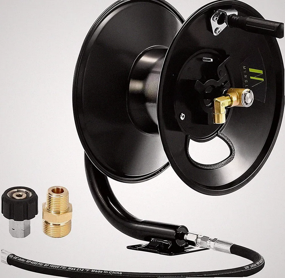 M MINGLE Pressure Washer Hose Reel 100Ft, Heavy Duty Steel Hose Reel, Manual Cra