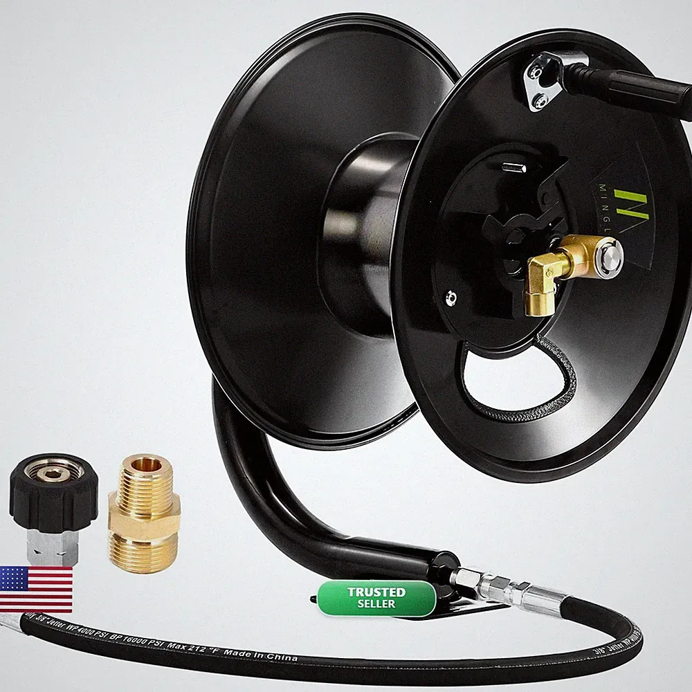 M MINGLE Pressure Washer Hose Reel 100ft x 3/8in / 150ft x 1/4in 4000 PSI