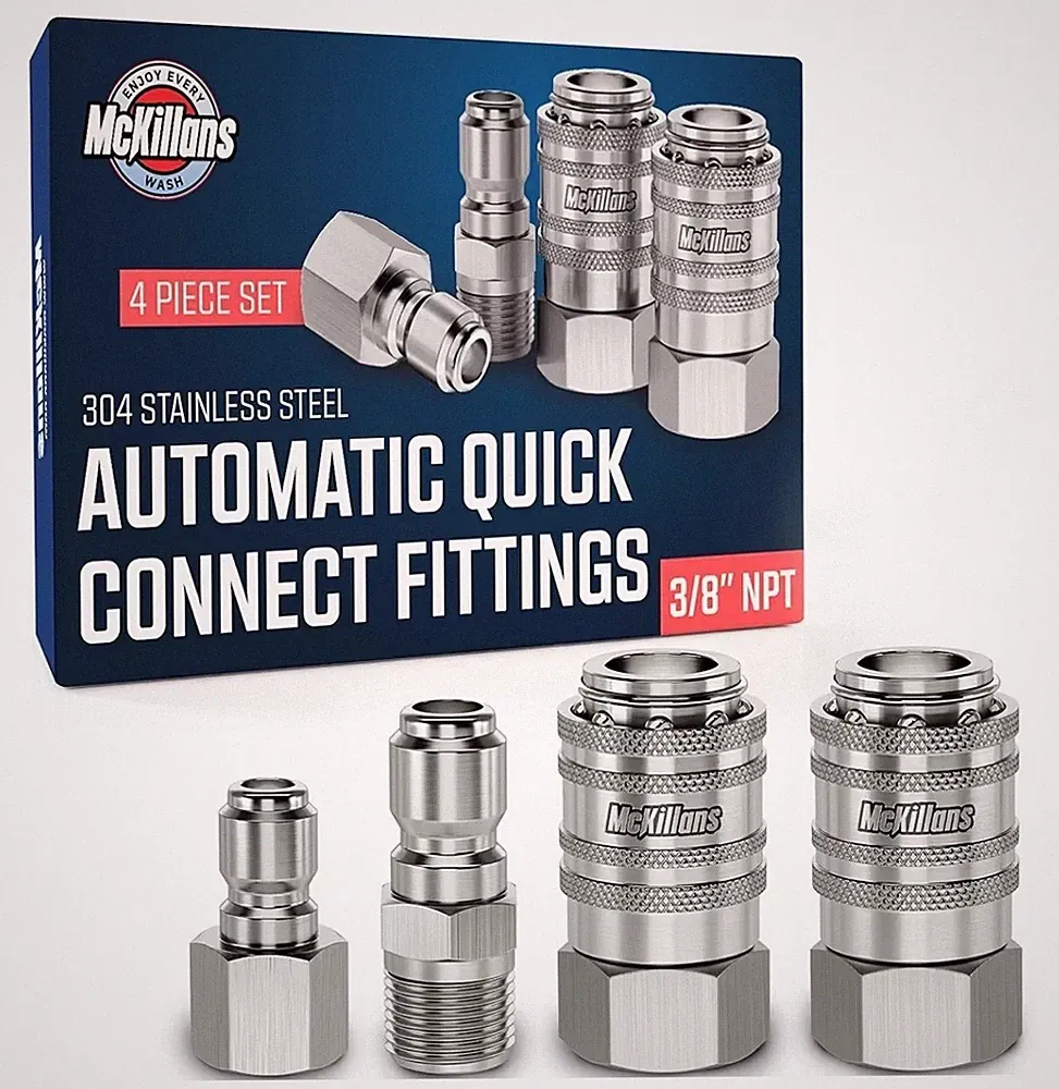McKillans 3/8" NPT Automatic Pressure Washer Quick Connect Kit of 4 - Stainl