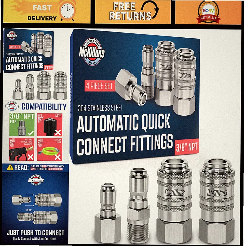McKillans 3/8" NPT Pressure Washer Quick Connect Kit Stainless Steel 4 Pack