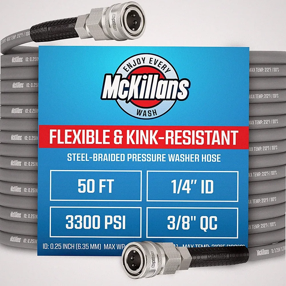 McKillans 50ft SteelBraided Pressure Washer Hose w/ 3/8" QC 1/4in ID