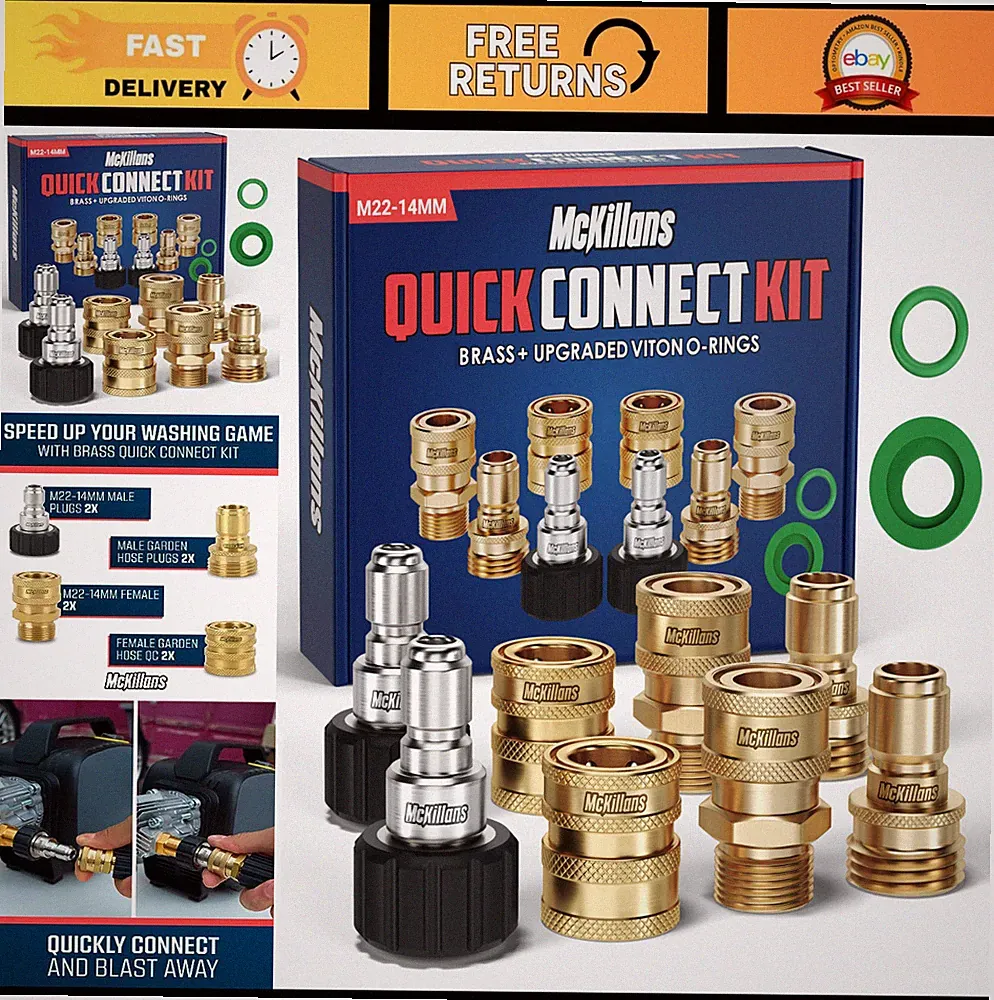 McKillans Pressure Washer Quick Connect Kit Brass M22-14mm to 3/8" Adapter