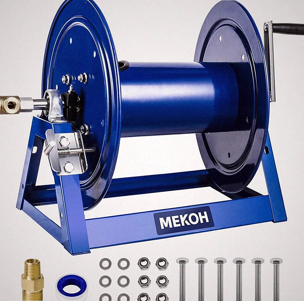 MEKOH Pressure Washer Hose Reel 3/8"X350Ft, 5000PSI Hand Crank Power Washer Hose
