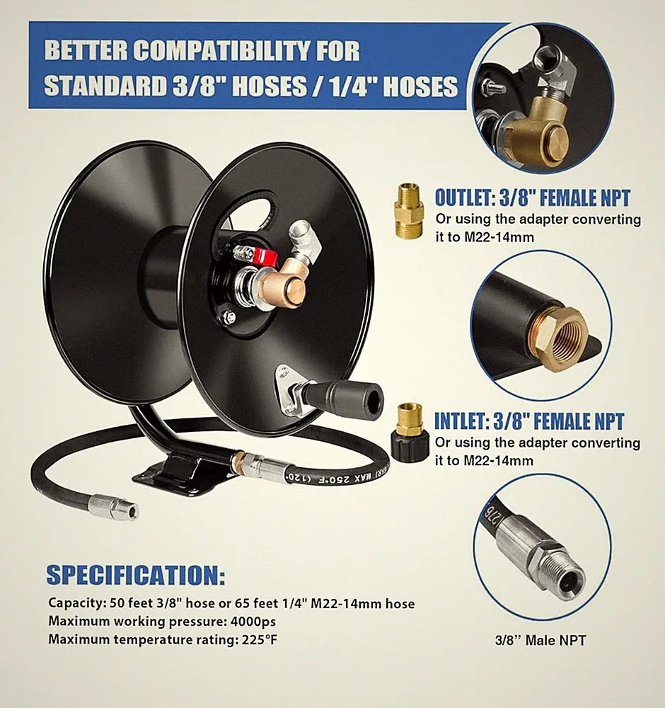 MEKOH Pressure Washer Hose Reel 50ftx3/8” / 65ftx1/4”, 4000PSI Heavy Duty Power