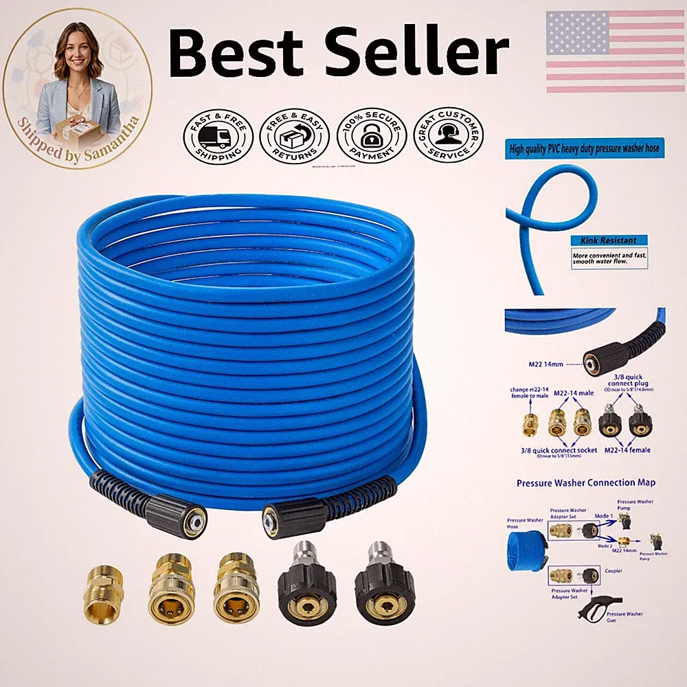 Multi-Purpose 50 FT Pressure Washer Hose 1/4” - Flexible & Kink Resistant Hose