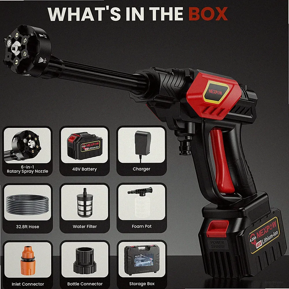 NEXPOW 48V Cordless Pressure Washer 1000 PSI 2.4 GPM 50Min 6-in-1 Nozzle