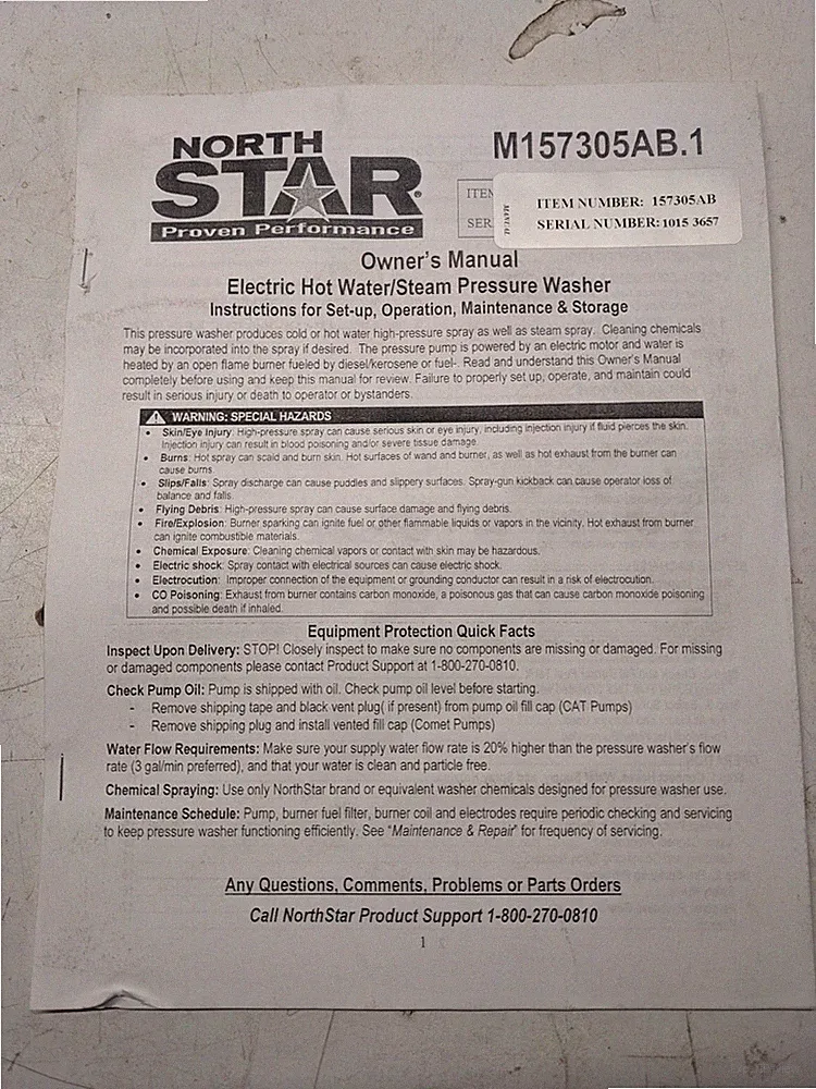 NORTH STAR OWNERS MAINTENANCE PARTS LIST BOOK MANUAL PRESSURE WASHER M157305AB.1