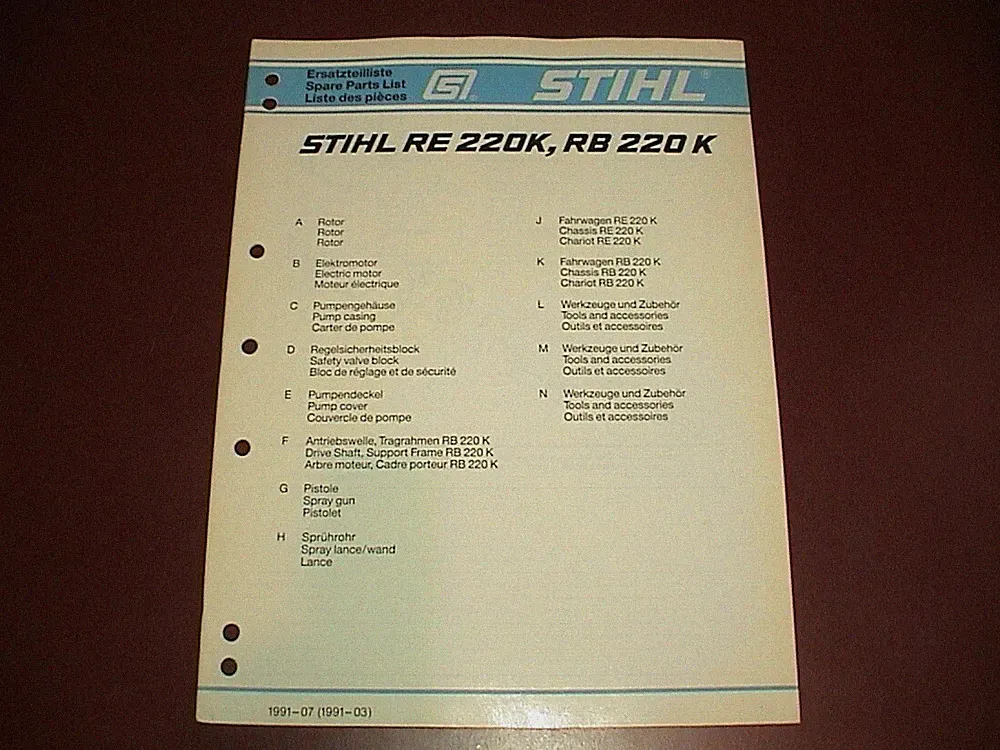 OEM STIHL Pressure Washer Sprayer IPL Illustrated Spare Parts List RE RB 220 K