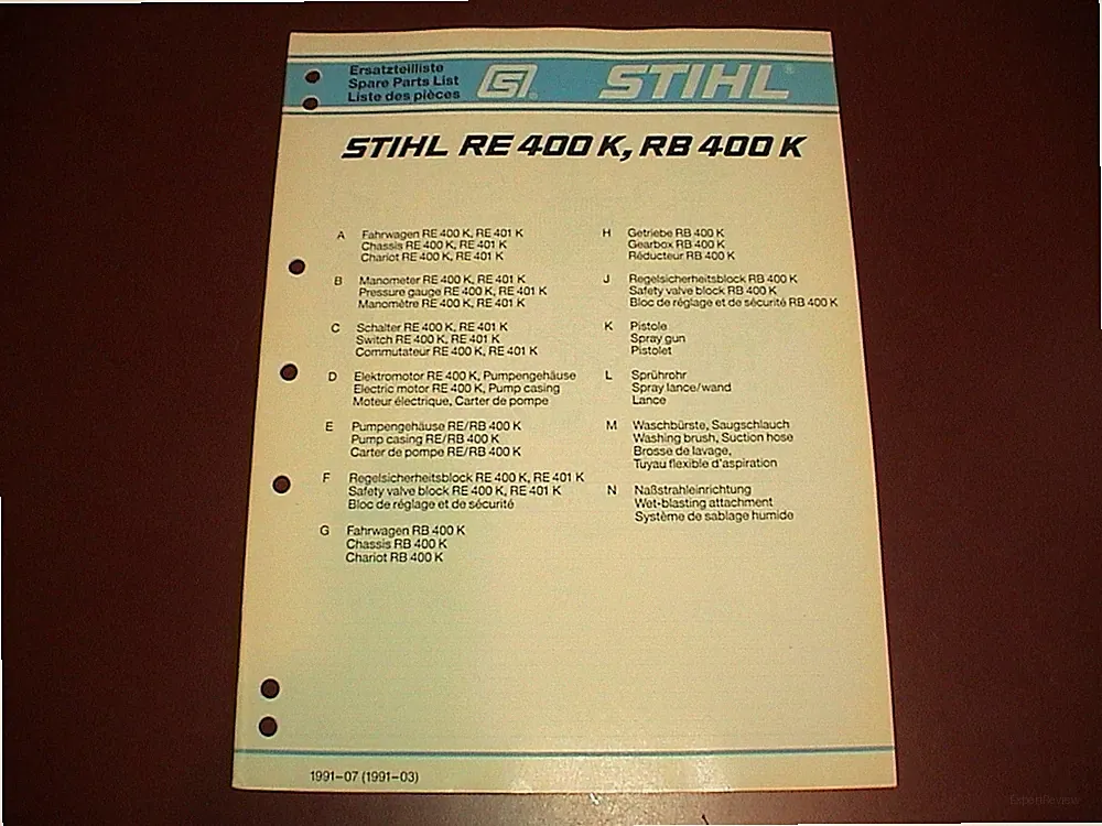 OEM STIHL Pressure Washer Sprayer IPL Illustrated Spare Parts List RE RB 400 K