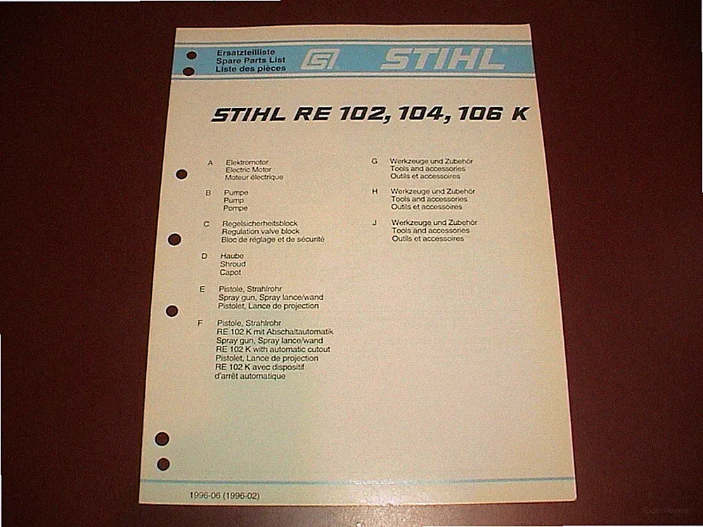 OEM STIHL Pressure Washer Sprayer IPL Illustrated Spare Parts RE 102 104 106 K
