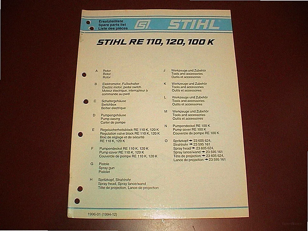 OEM STIHL Pressure Washer Sprayer IPL Illustrated Spare Parts RE 110 120 100 K