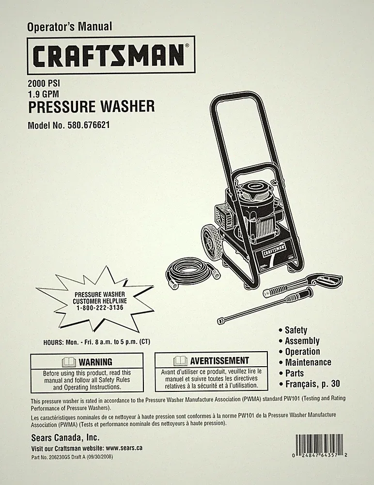 Owners Manual & Parts List Craftsman 2,000 PSI Pressure Washer -Model 580.676621