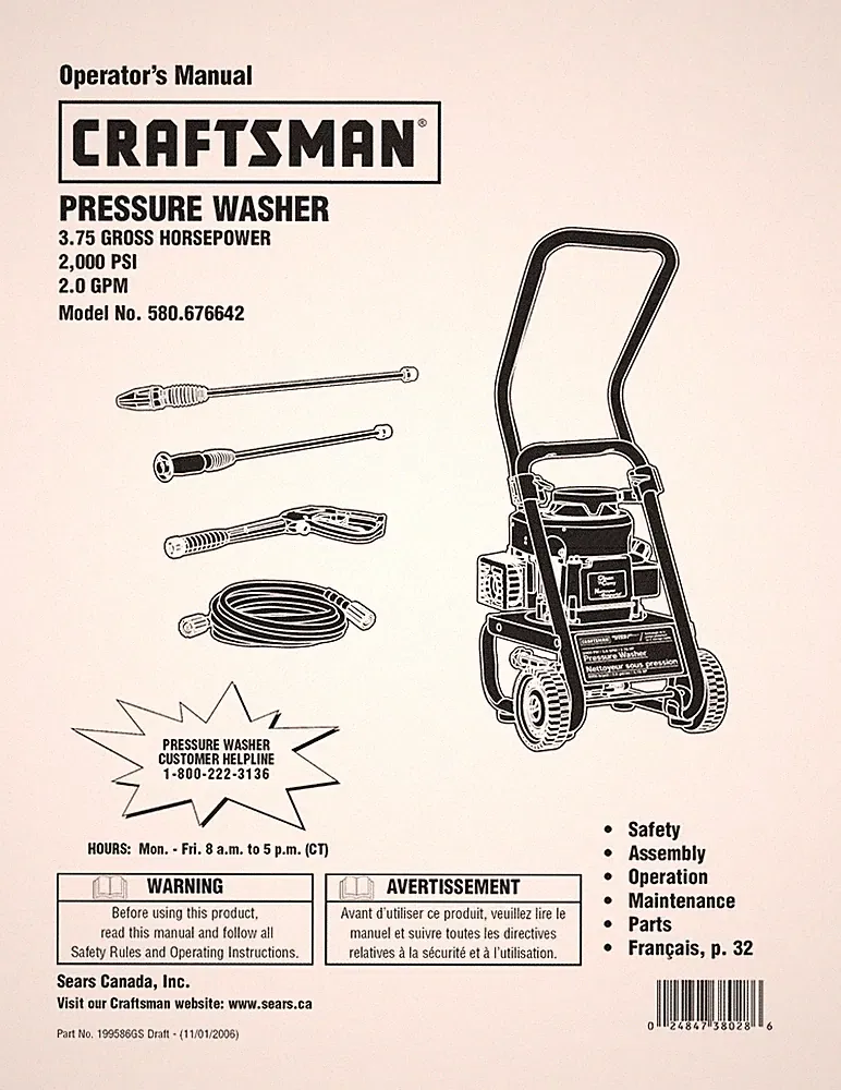 Owners Manual & Parts List Craftsman 2,000 PSI Pressure Washer -Model 580.676642