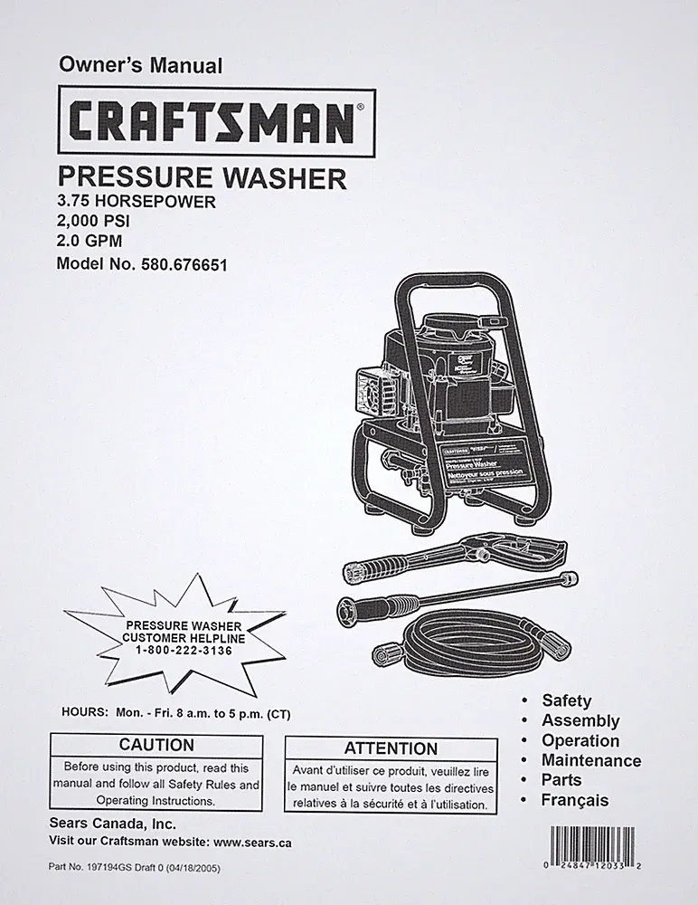 Owners Manual & Parts List Craftsman 2,000 PSI Pressure Washer -Model 580.676651