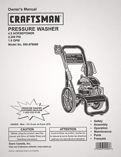Owners Manual & Parts List Craftsman 2,200 PSI Pressure Washer -Model 580.676660