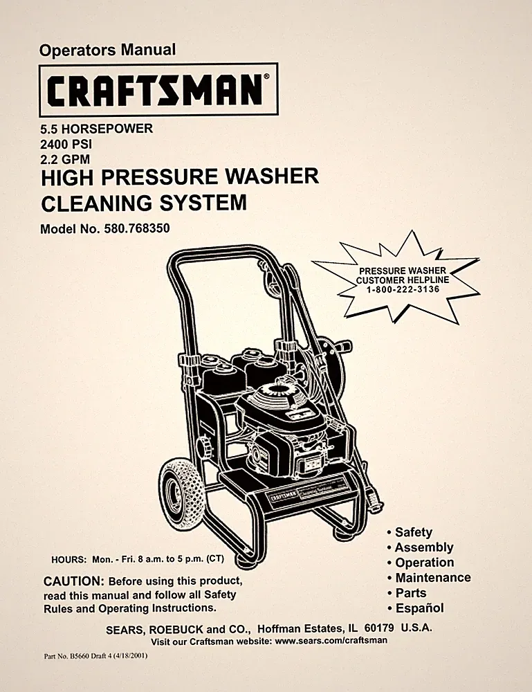 Owners Manual & Parts List Craftsman 2400 PSI Pressure Washer -Model 580.768350