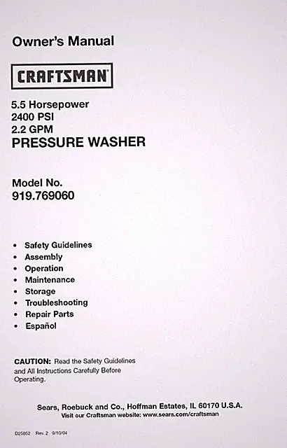 Owners Manual & Parts List Craftsman 2400 PSI Pressure Washer -Model 919.769060