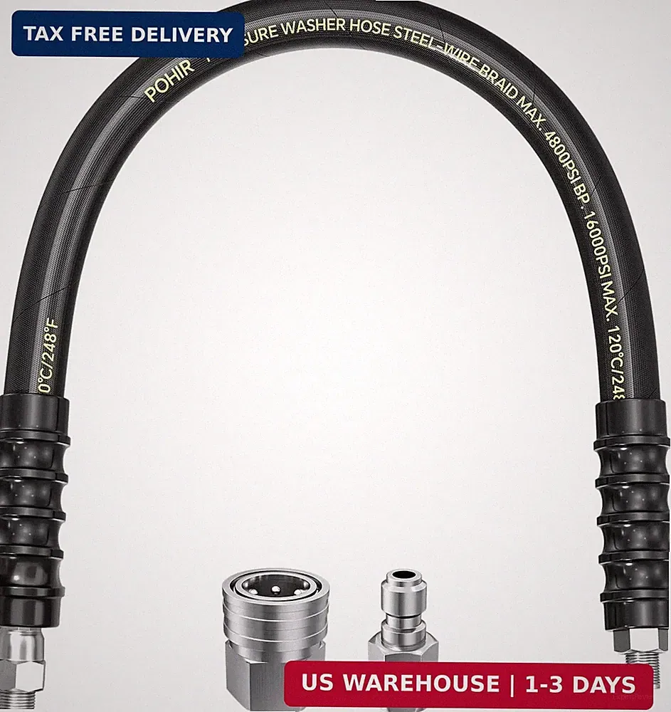 POHIR 2FT Pressure Washer Whip Hose 4800psi 3/8'' Steel Wire Braided with 3/8''