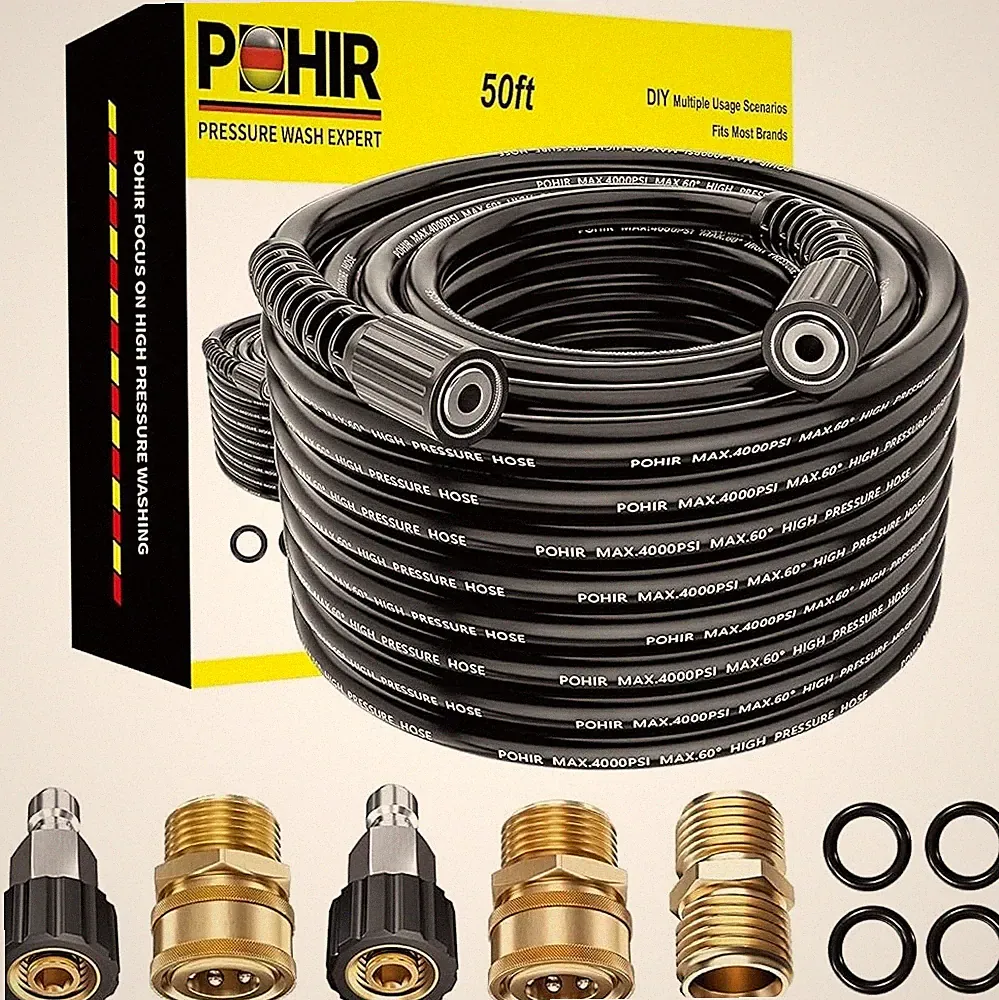 POHIR 50FT Pressure Washer Hose 1/4" 4000PSI Kink Resistant Power Washer Hose