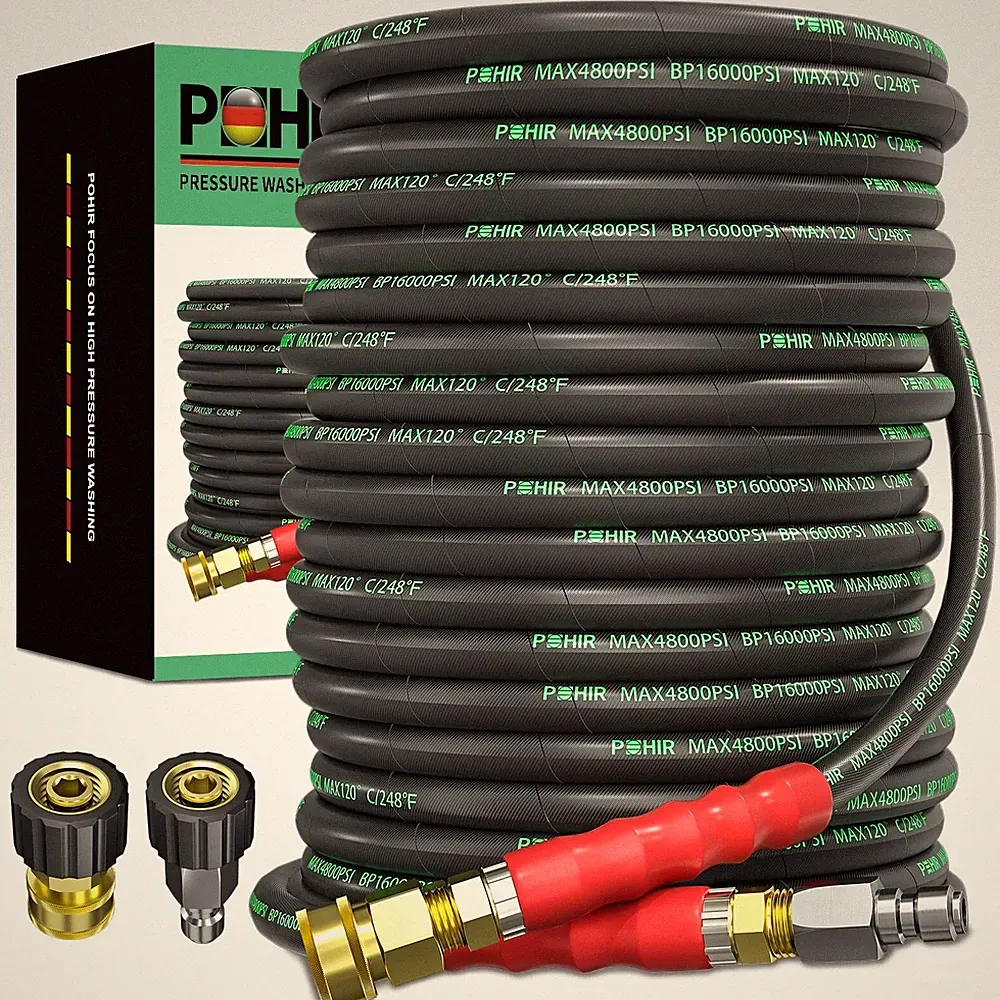POHIR Pressure Washer Hose 100 ft 3/8 Inch for Cold and Hot Water 248°F End 3...
