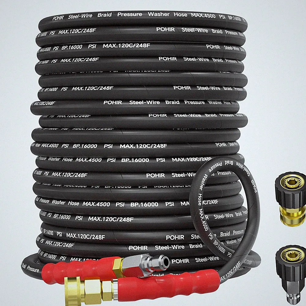 POHIR Pressure Washer Hose 100ft, 3/8'' Power Washing Hose 4500PSI Steel Wire...