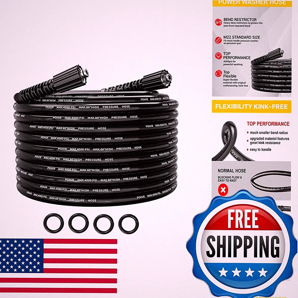 POHIR Pressure Washer Hose 25FT, 1/4'' ID M22 No Kink Replacement Hose