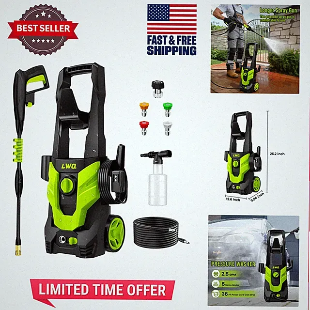 Portable 2030 PSI Pressure Washer with 4 Nozzles - Ideal for Efficient Cleaning