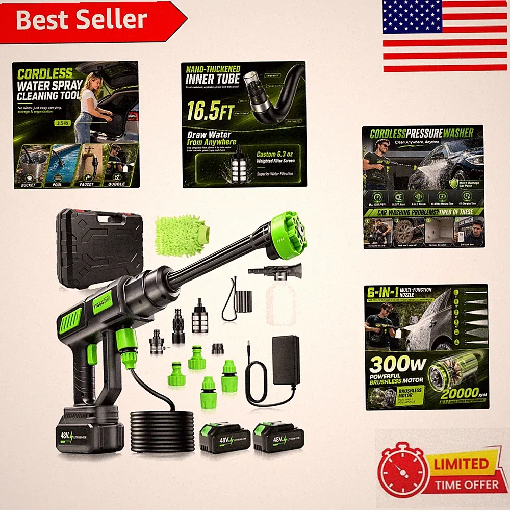 Portable 6-in-1 Cordless Pressure Washer, 1300 PSI with Foam Cannon & Batteries
