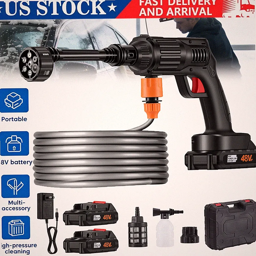 Portable Cordless Pressure Water Spray Gun Car Washer Cleaner Tool 6-in-1 Nozzle